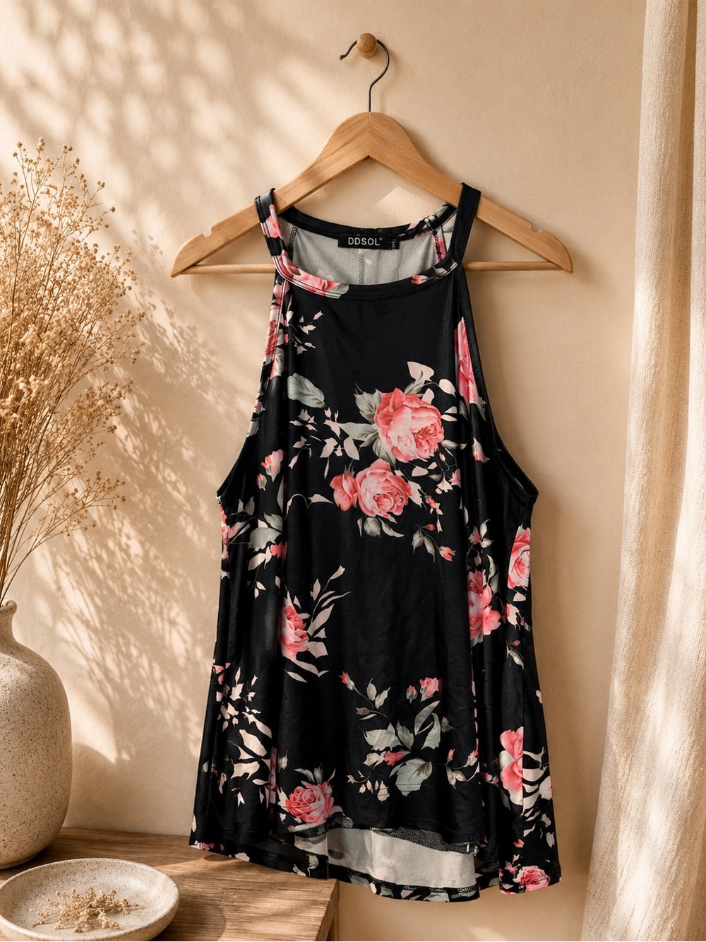 Black Floral High-Neck Camisole with Pink Roses| XXL